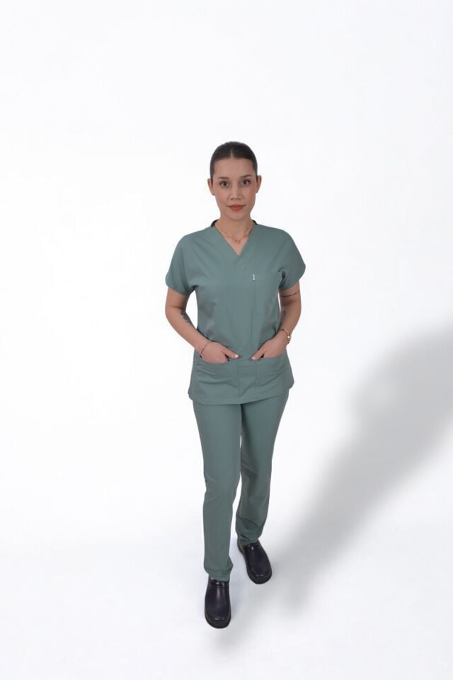 Terycoton Kumaş Klasik Seri Kadın Küf Yeşili Takım