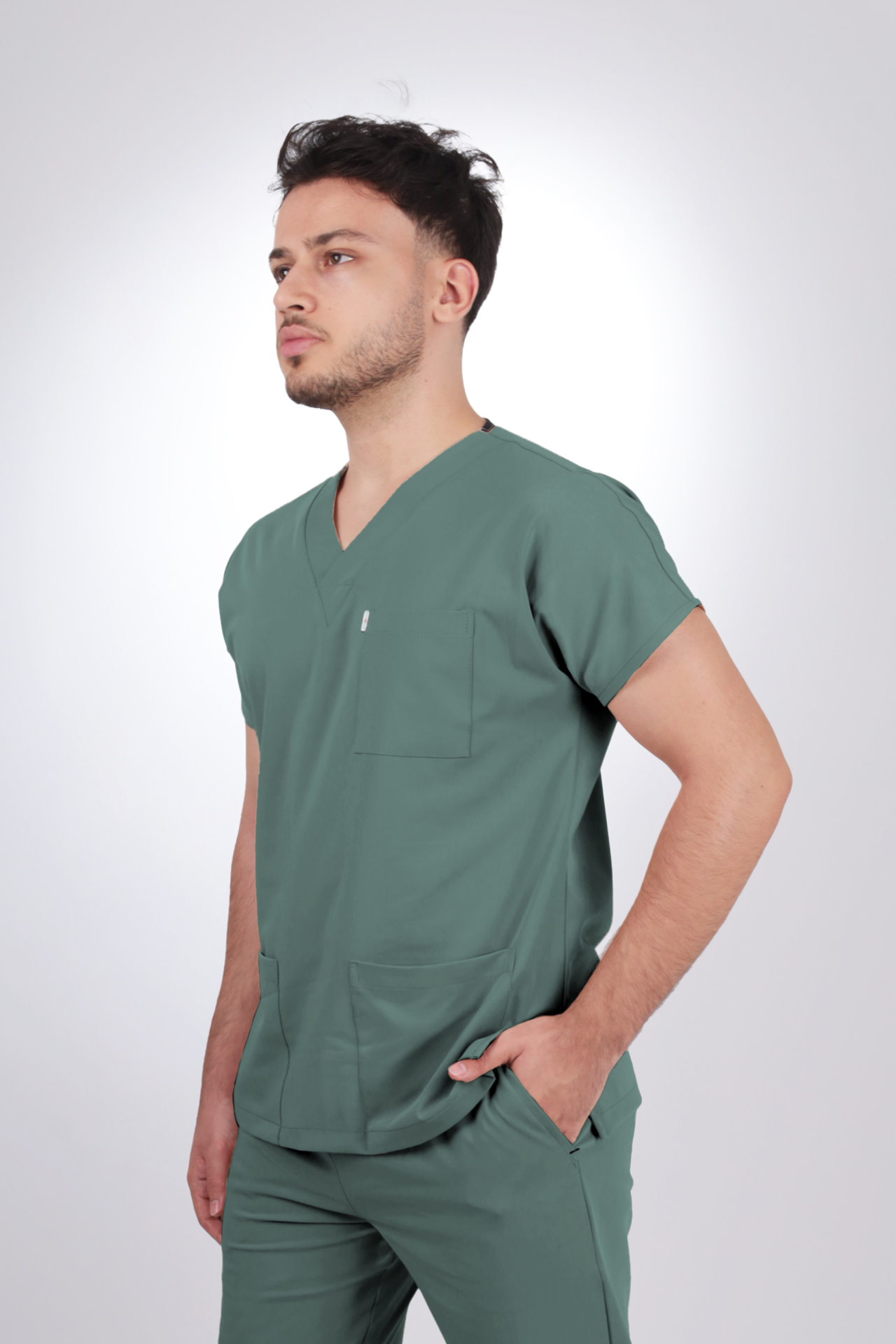 Premium Likralı Klasik Seri Erkek Küf Yeşili Scrubs