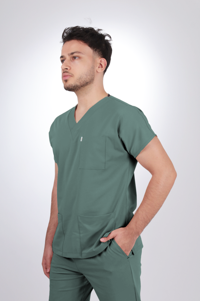 Premium Likralı Klasik Seri Erkek Küf Yeşili Scrubs