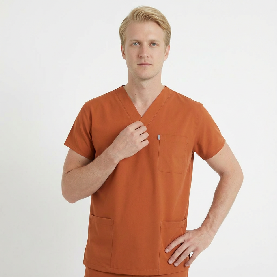 Terycoton Kumaş Klasik Seri Erkek Kiremit Scrubs