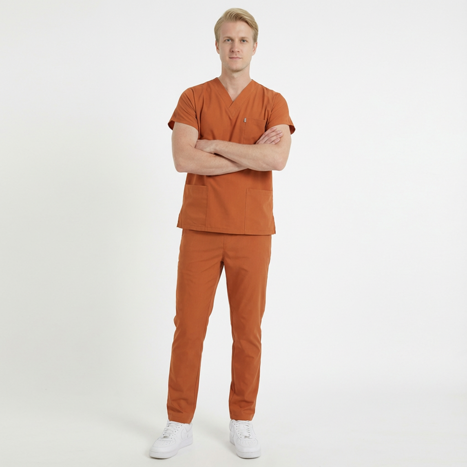 Terycoton Kumaş Klasik Seri Erkek Kiremit Scrubs