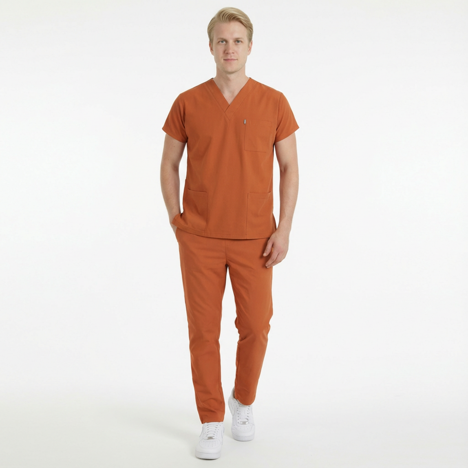 Terycoton Kumaş Klasik Seri Erkek Kiremit Scrubs