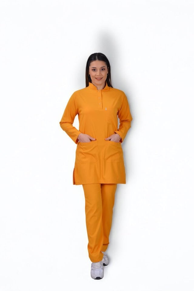 Likralı Tesettür Model Kadın Hardal Sarısı Scrubs