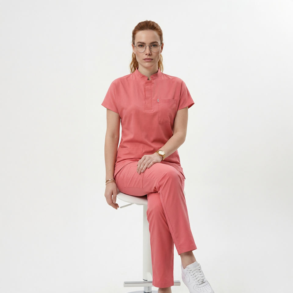 Likralı Snap Seri Kadın Mercan Pembesi Scrubs