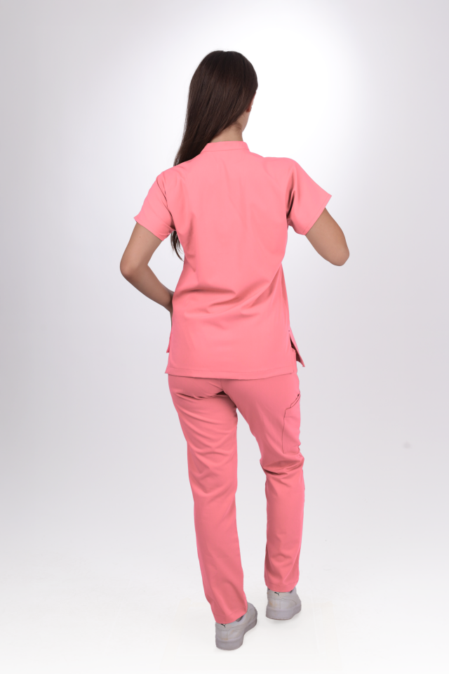 Likralı Snap Seri Kadın Mercan Pembesi Scrubs