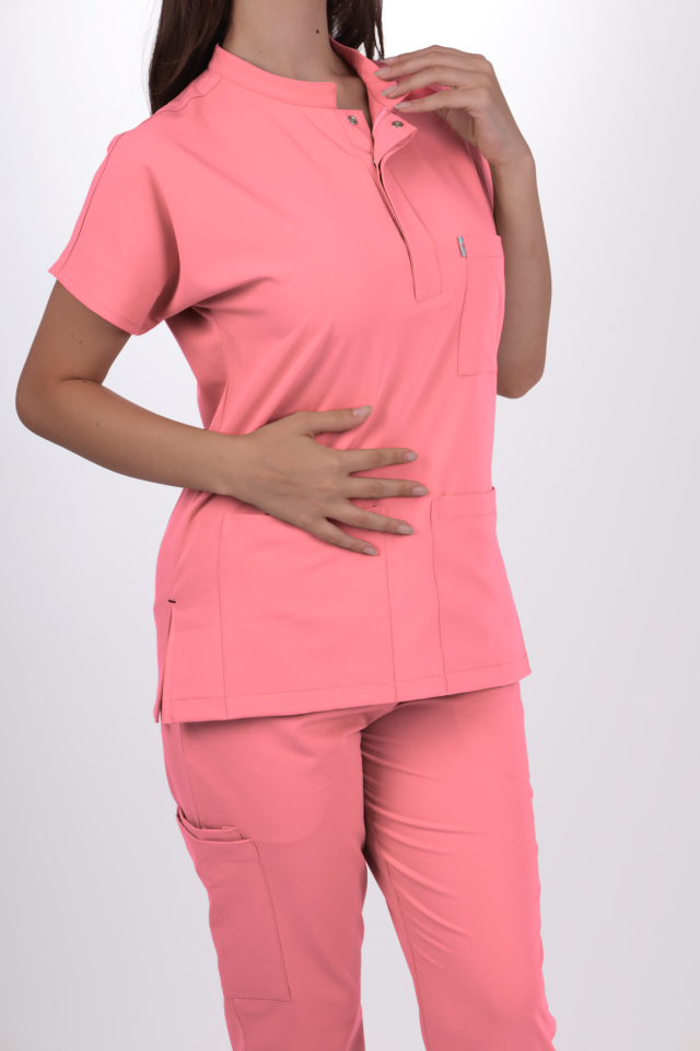 Likralı Snap Seri Kadın Mercan Pembesi Scrubs