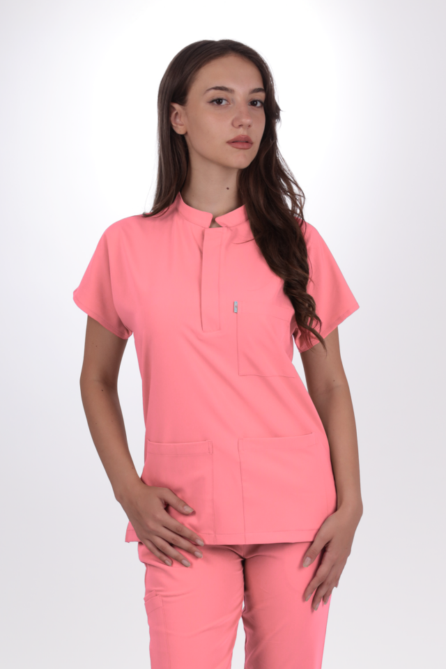 Likralı Snap Seri Kadın Mercan Pembesi Scrubs