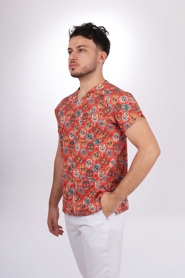 Desenli Seri Erkek Turuncu Kurukafa Tek Üst