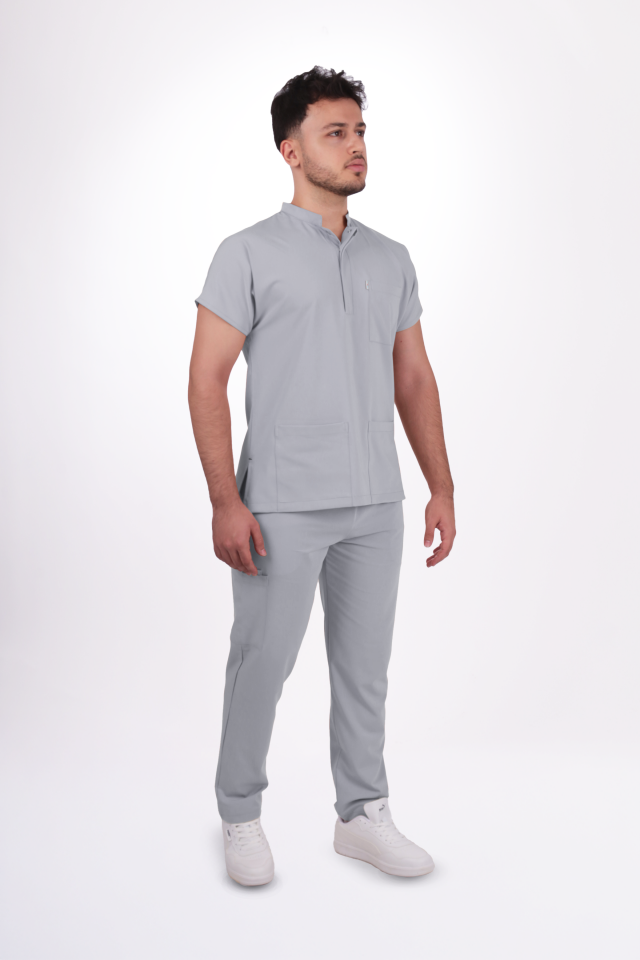 Premium Likralı Snap Seri Erkek Açık Gri Üniforma Takım
