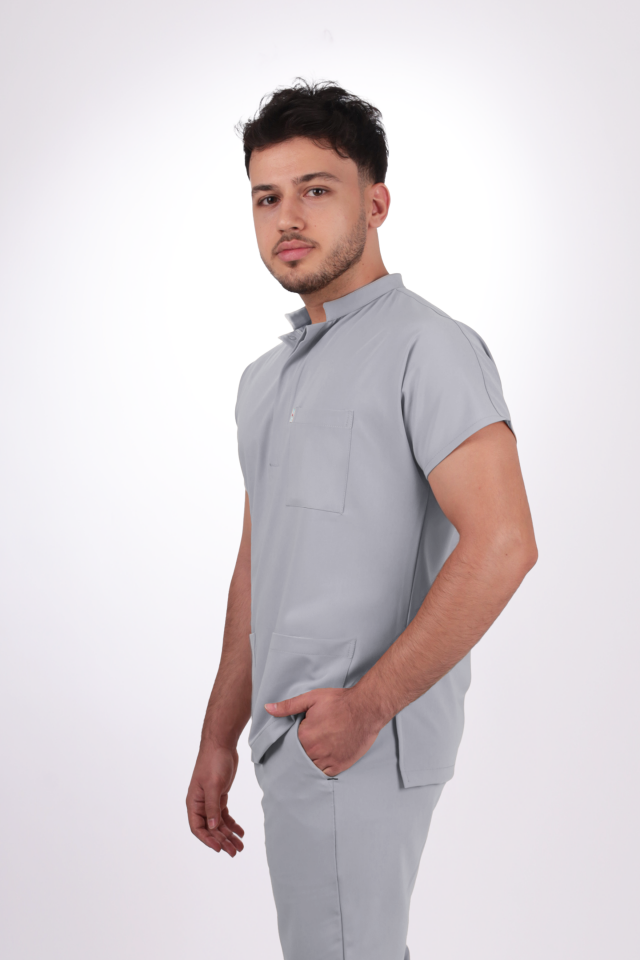 Premium Likralı Snap Seri Erkek Açık Gri Scrubs