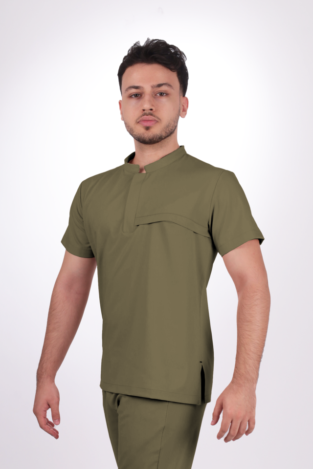 Premium Likralı Tek Cepli Çıtçıt Erkek Haki Scrubs