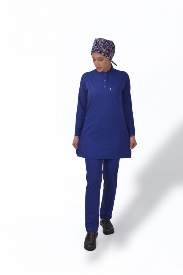 Likralı Tesettür Model Kadın Saks Mavisi Scrubs