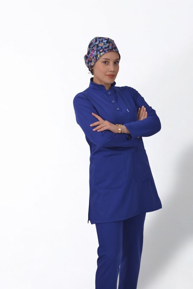 Likralı Tesettür Model Kadın Saks Mavisi Scrubs