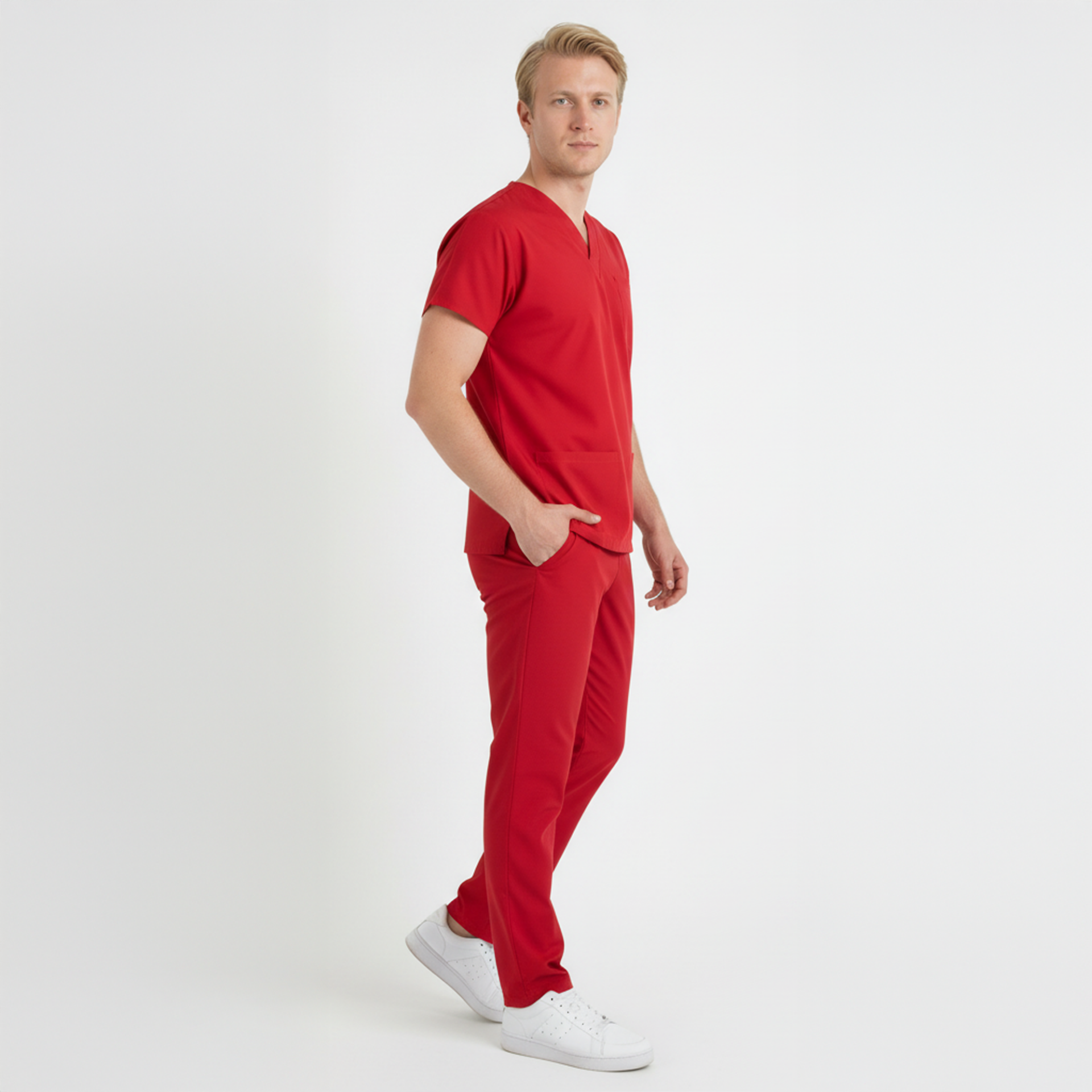 Terycoton Kumaş Klasik Seri Erkek Kırmızı Scrubs