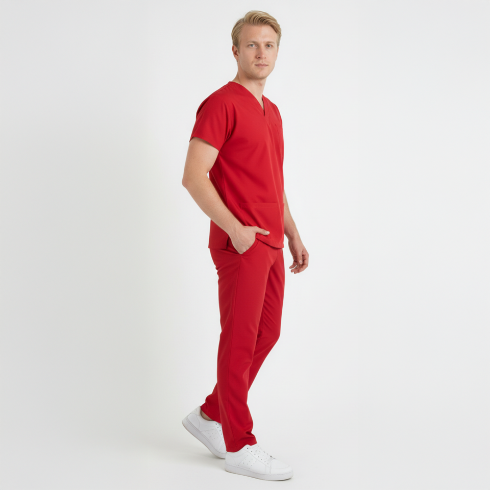 Terycoton Kumaş Klasik Seri Erkek Kırmızı Scrubs