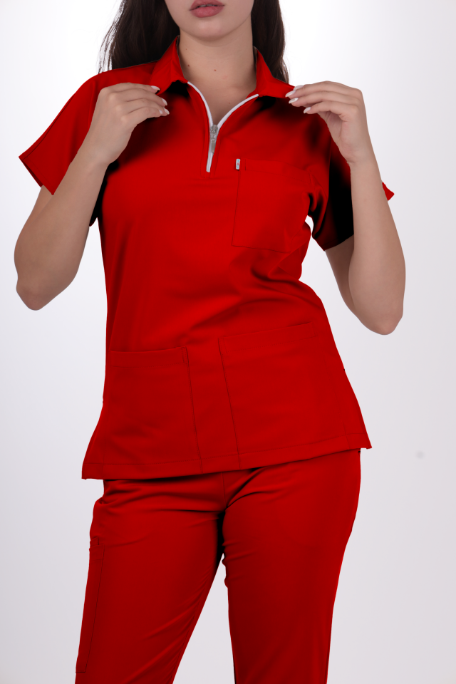 Premium Likralı Zipper Seri Kadın Kırmızı Üniforma Takım
