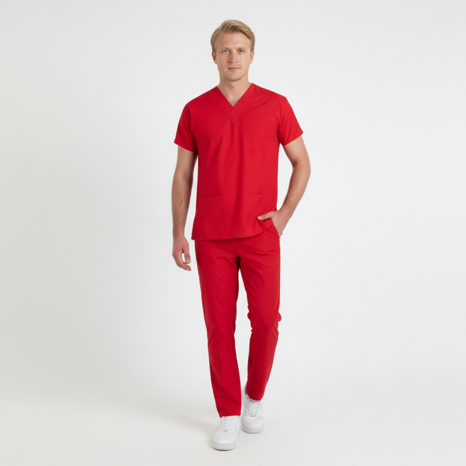 Terycoton Kumaş Klasik Seri Erkek Kırmızı Scrubs