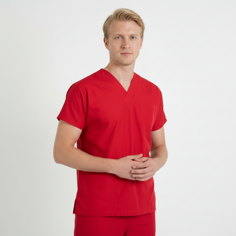 Terycoton Kumaş Klasik Seri Erkek Kırmızı Scrubs