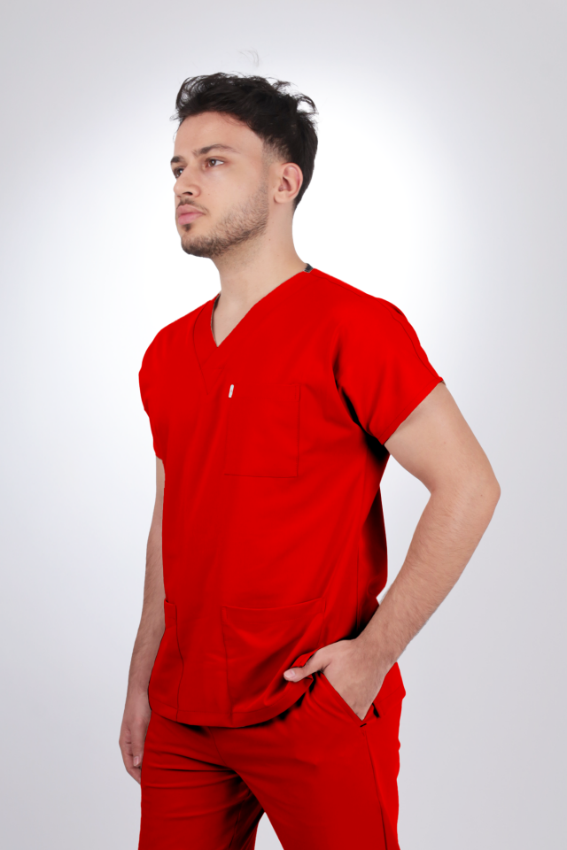 Terycoton Kumaş Klasik Seri Erkek Kırmızı Scrubs