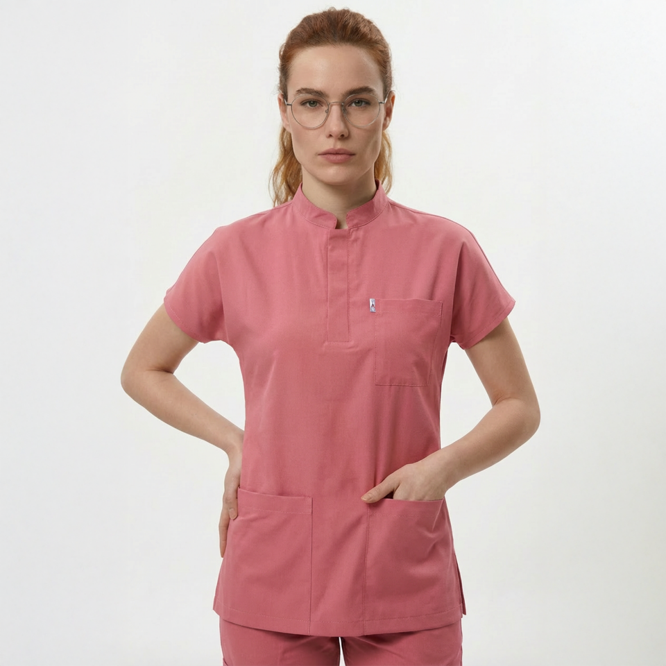 Likralı Snap Seri Kadın Mercan Pembesi Scrubs takım