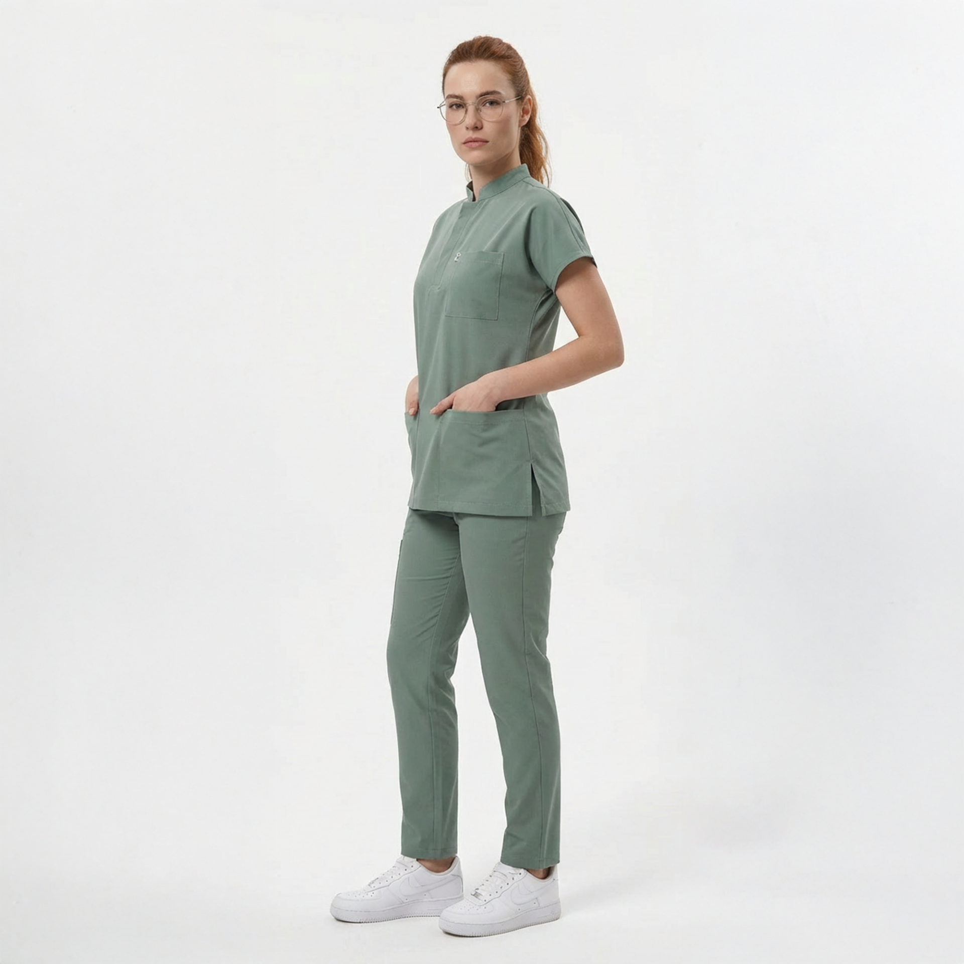 Likralı Snap Seri Kadın Küf Yeşili Scrubs