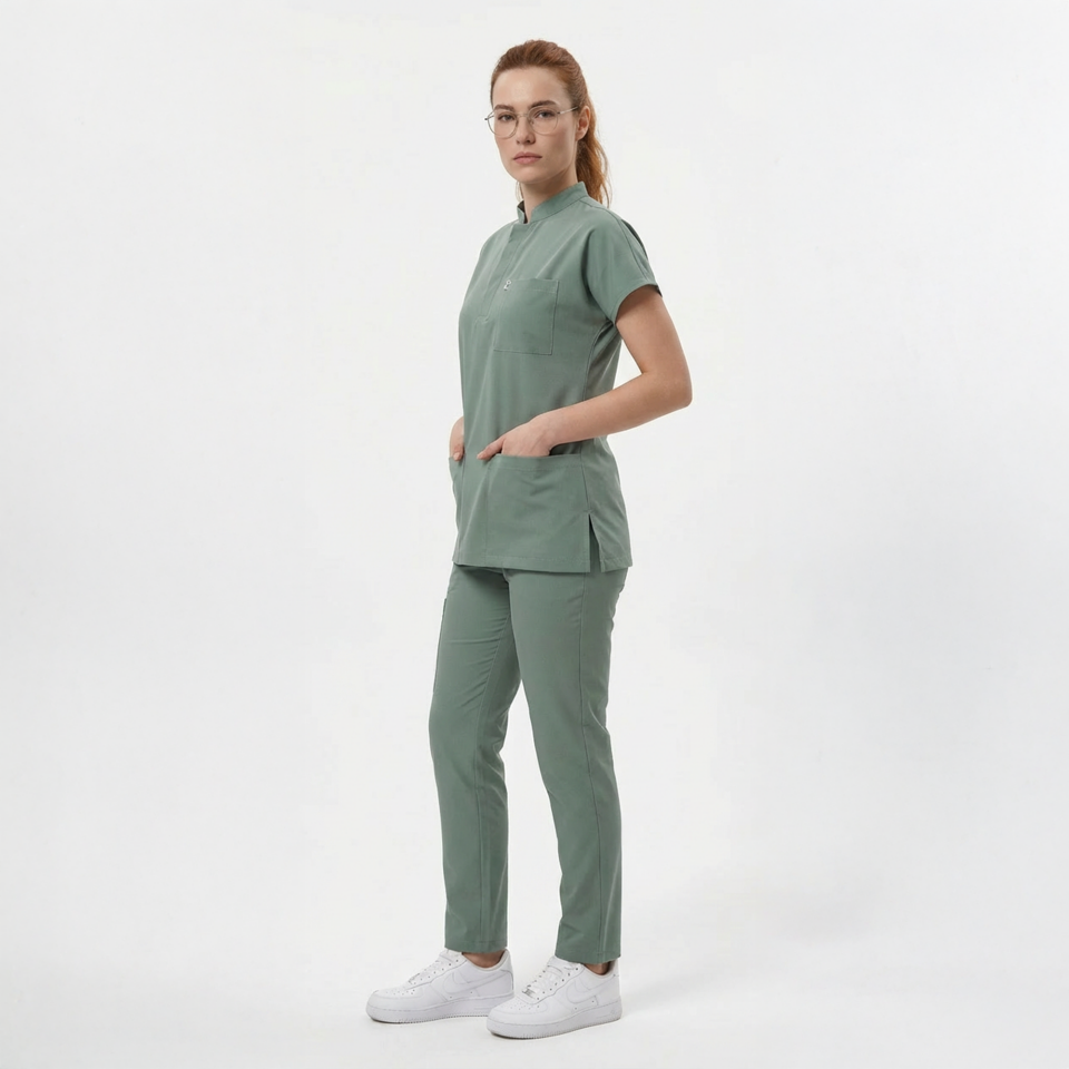 Likralı Snap Seri Kadın Küf Yeşili Scrubs