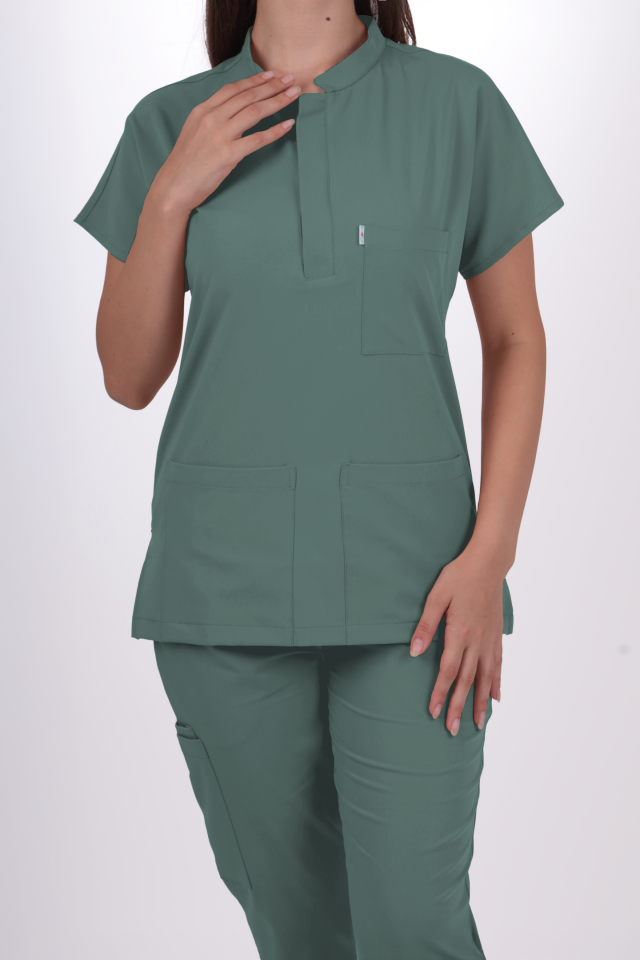 Likralı Snap Seri Kadın Küf Yeşili Scrubs