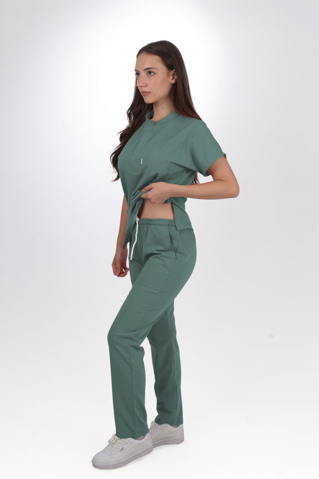 Likralı Snap Seri Kadın Küf Yeşili Scrubs