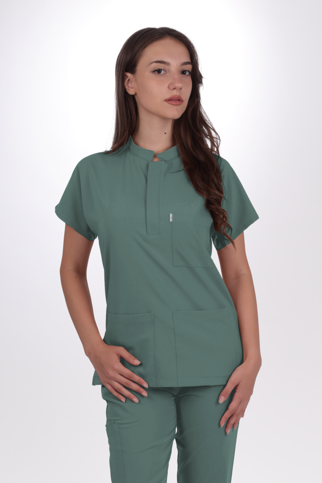 Likralı Snap Seri Kadın Küf Yeşili Scrubs