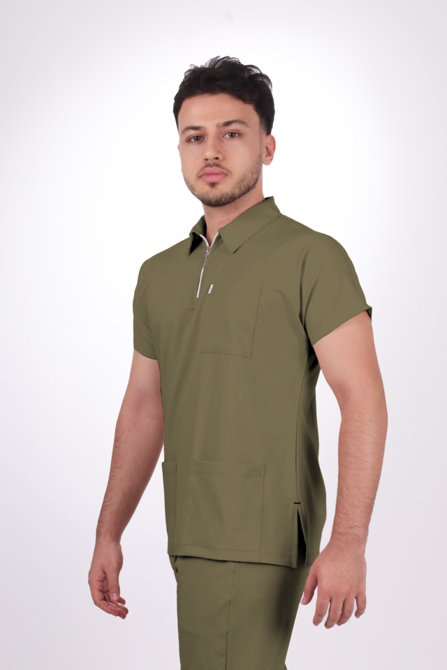 Likralı Zipper Seri Erkek Haki Scrubs