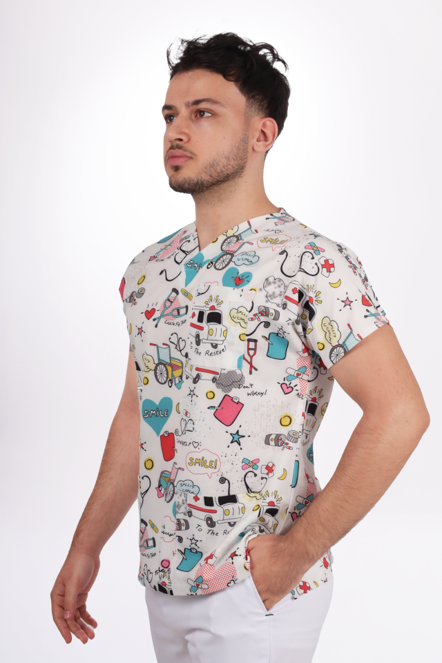 Premium Likralı Desenli Seri Ambulans Desen Erkek Tek Üst