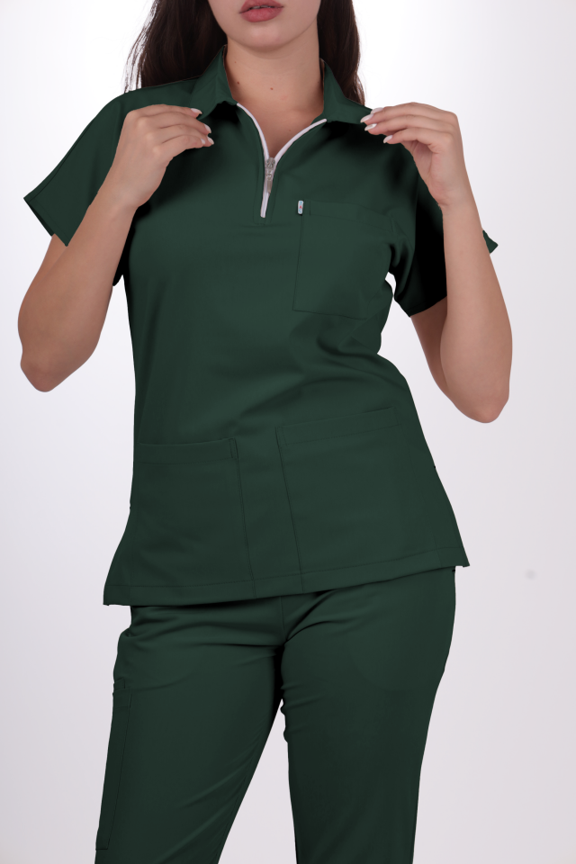Premium Likralı Zipper Seri Kadın Avcı Yeşili Scrubs
