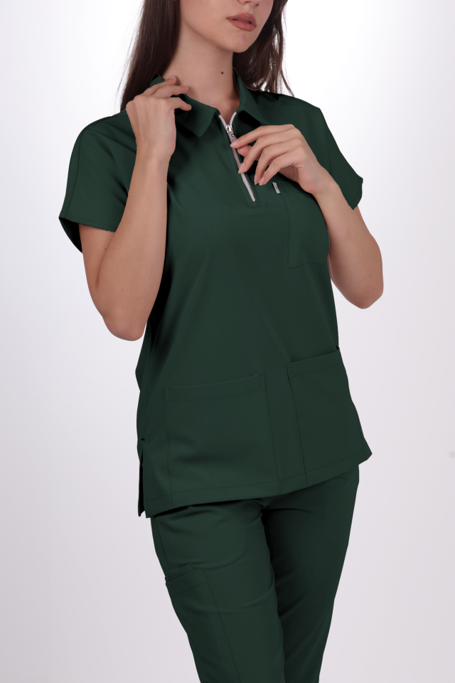Premium Likralı Zipper Seri Kadın Koyu Haki Scrubs
