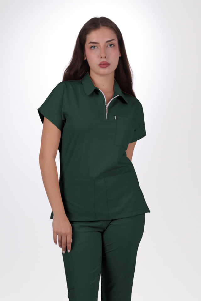 Premium Likralı Zipper Seri Kadın Avcı Yeşili Scrubs