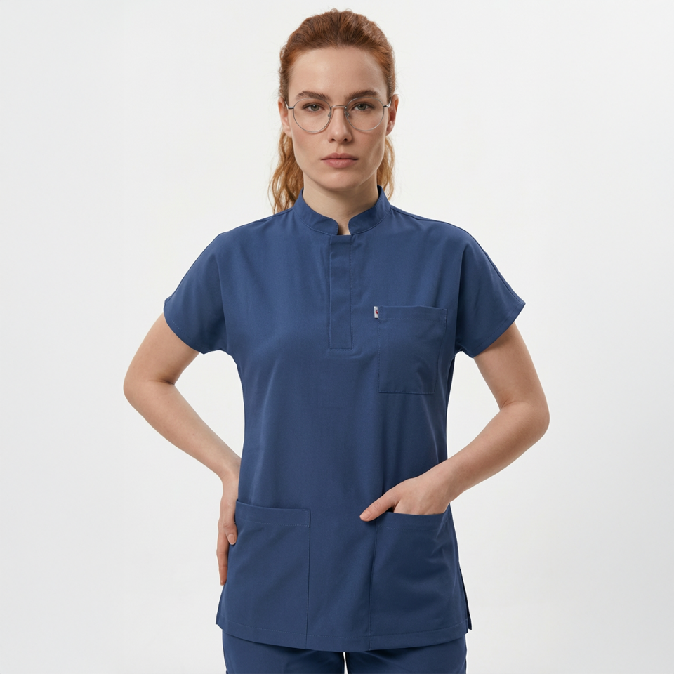 Likralı Snap Seri Kadın Havacı Mavi Scrubs takım