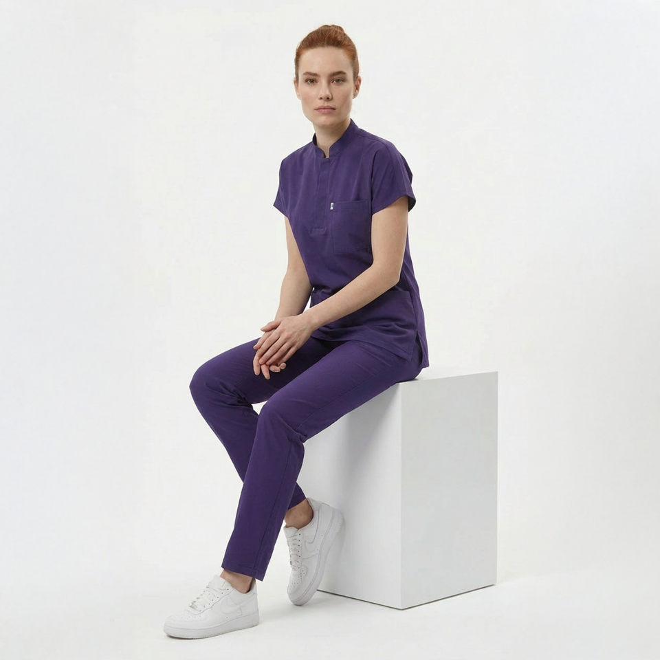 Likralı Snap Seri Kadın Mor Scrubs