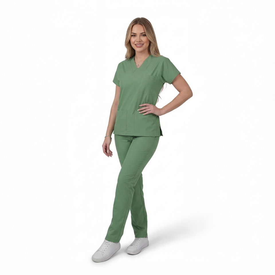 Terycoton Kumaş Klasik Seri Kadın Fıstık Yeşili Scrubs