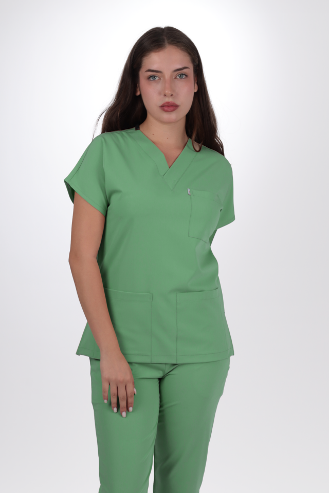 Terycoton Kumaş Klasik Seri Kadın Fıstık Yeşili Scrubs