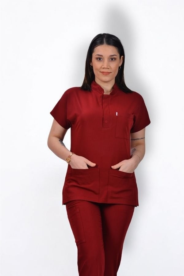 Likralı Snap Seri Kadın Bordo Scrubs