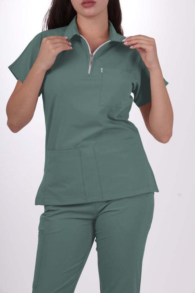 Premium Likralı Zipper Seri Kadın Küf Yeşili Üniforma Takım