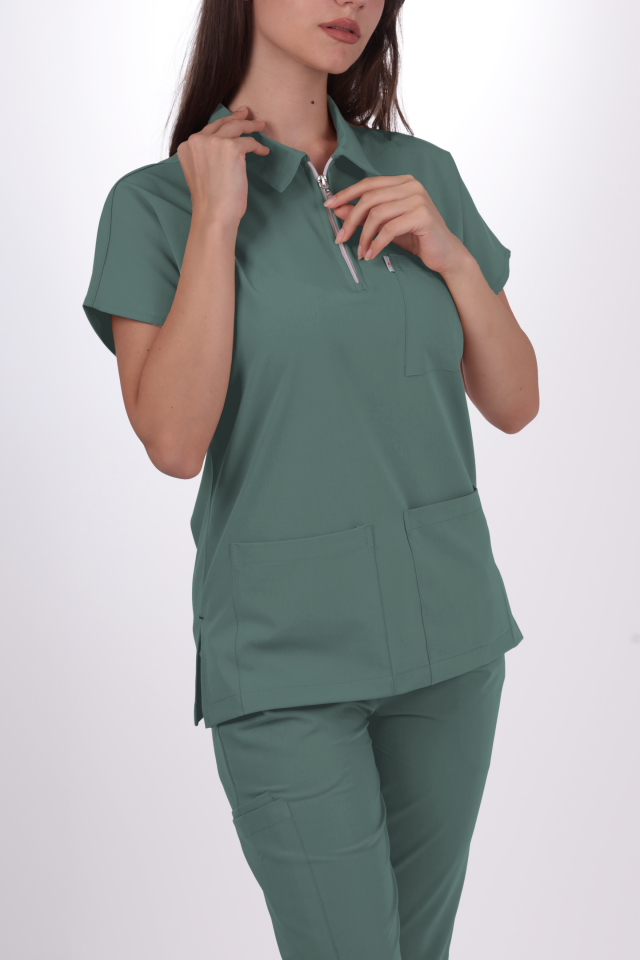 Premium Likralı Zipper Seri Kadın Küf Yeşili Scrubs