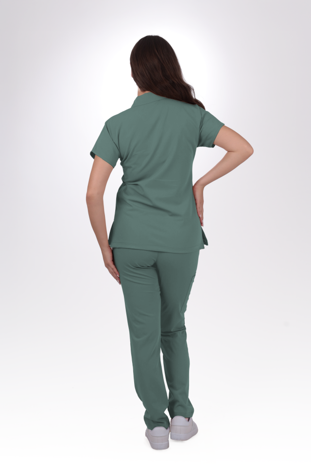 Premium Likralı Zipper Seri Kadın Küf Yeşili Scrubs