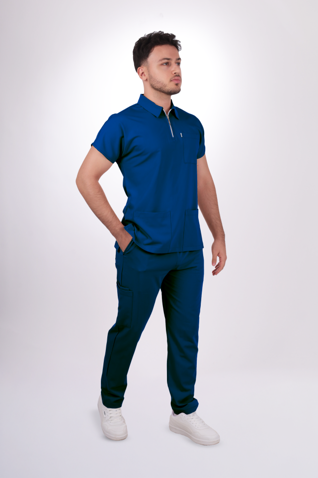 Premium Likralı Zipper Seri Erkek Havacı Mavi Scrubs