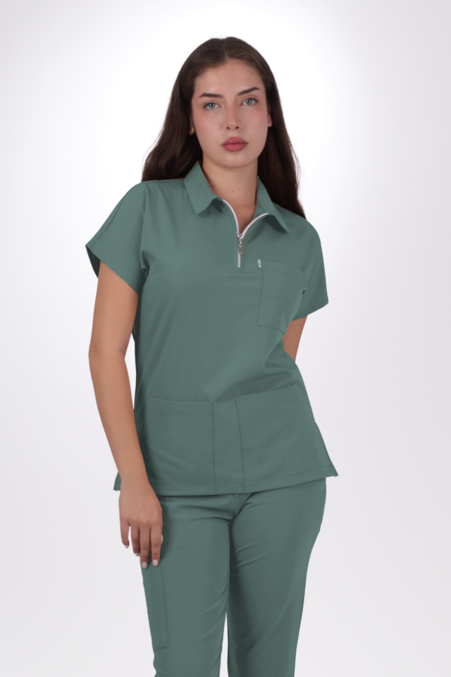 Premium Likralı Zipper Seri Kadın Küf Yeşili Scrubs