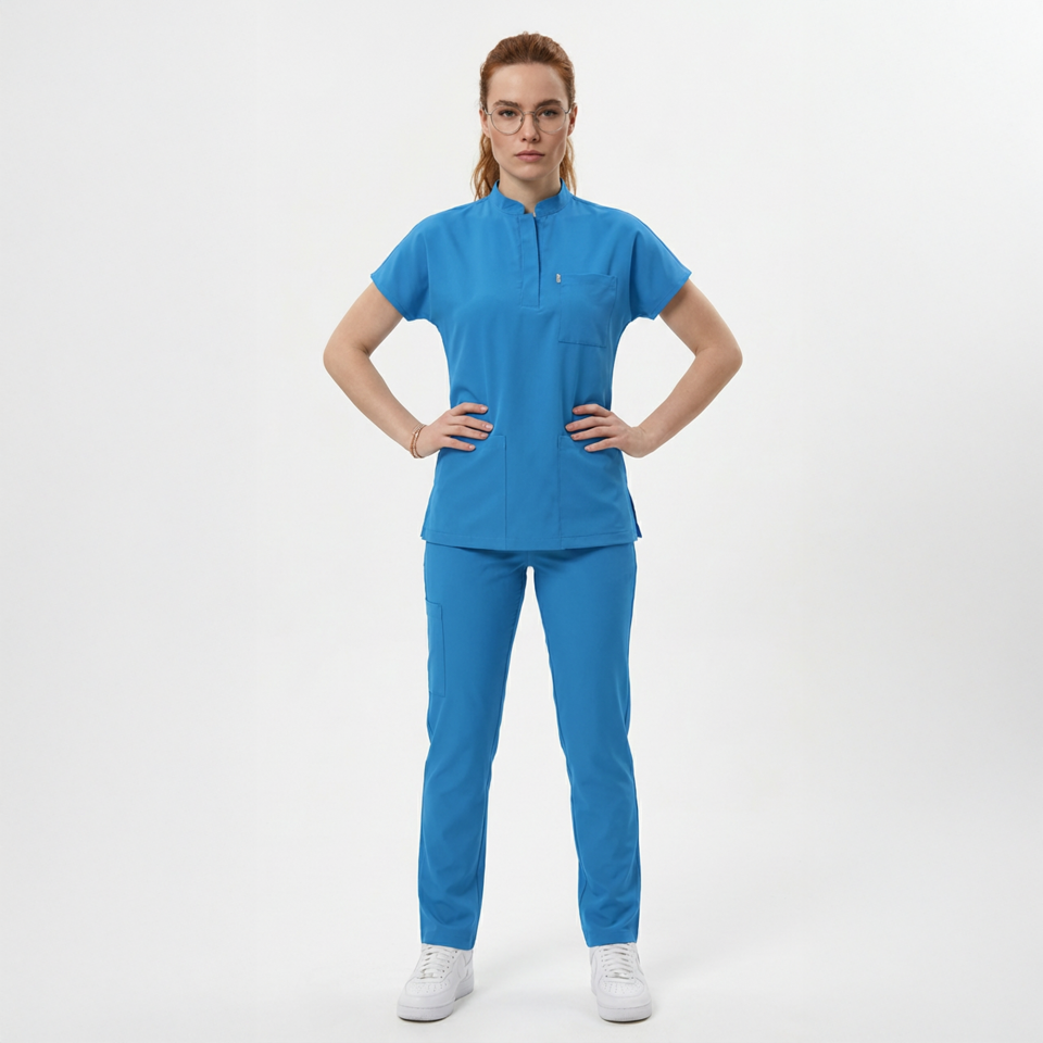 Likralı Snap Seri Kadın Petrol Mavisi Scrubs