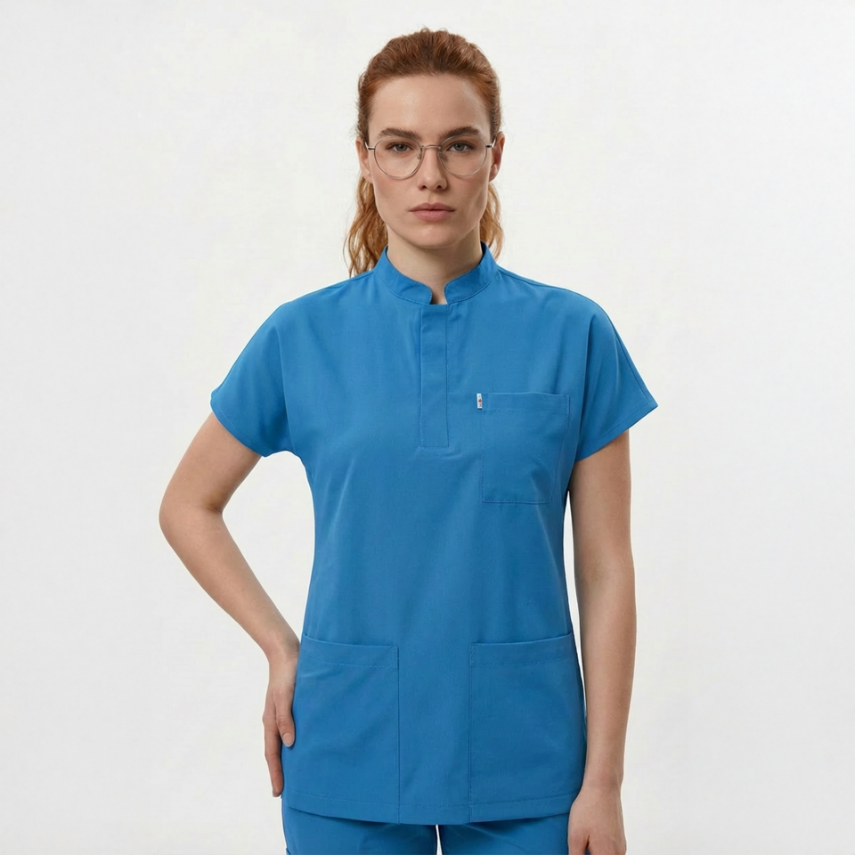 Likralı Snap Seri Kadın Petrol Mavisi Scrubs