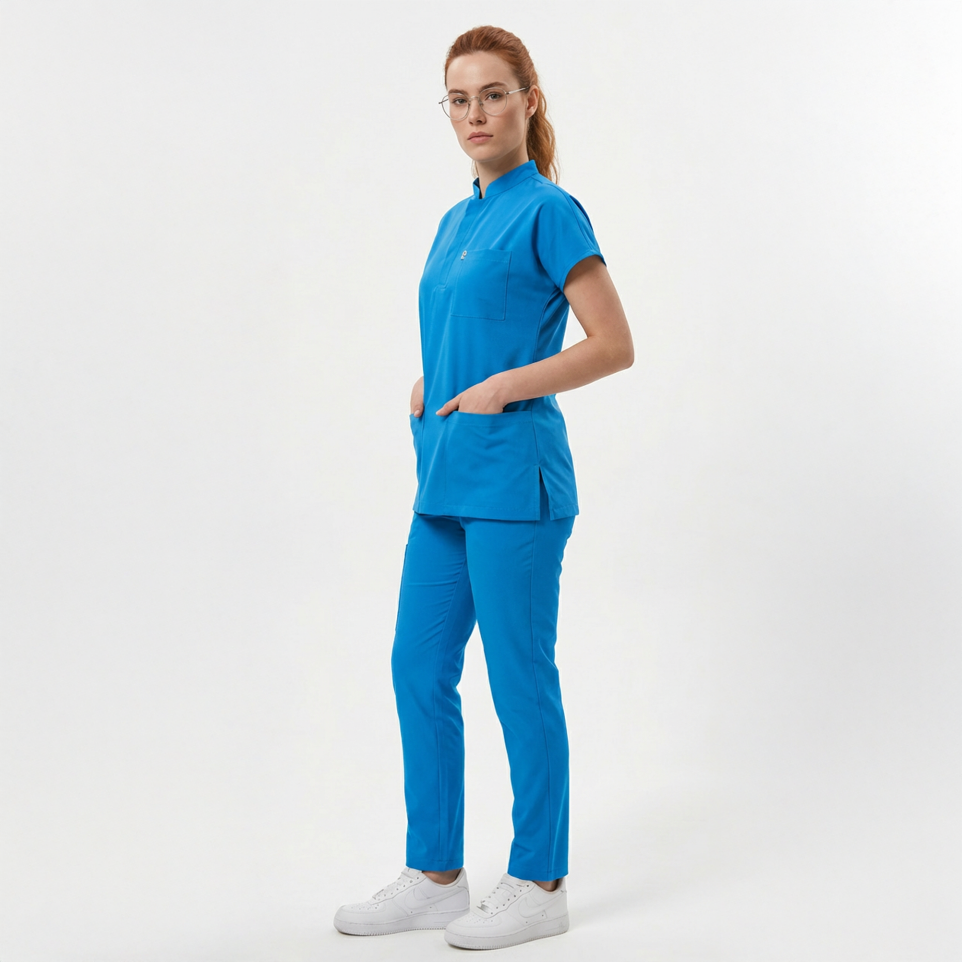 Likralı Snap Seri Kadın Petrol Mavisi Scrubs