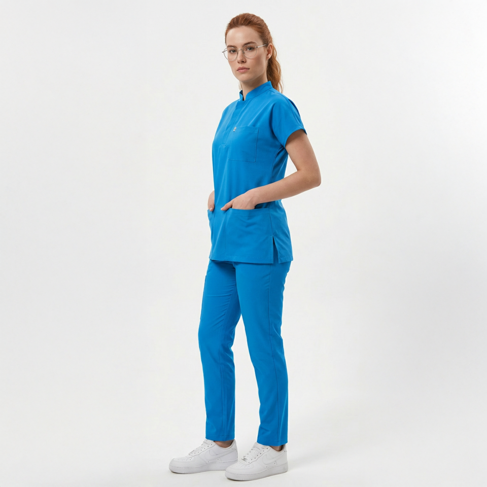 Likralı Snap Seri Kadın Petrol Mavisi Scrubs