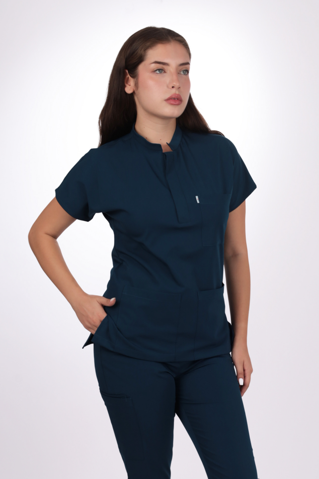 Likralı Snap Seri Kadın Petrol Mavisi Scrubs