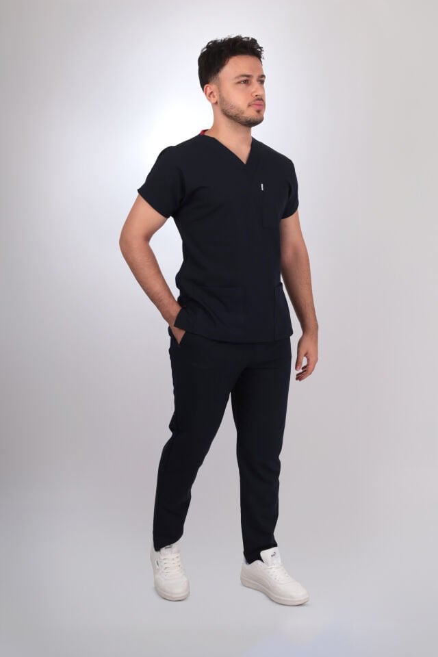 Terycoton Kumaş Klasik Seri Erkek Siyah Scrubs